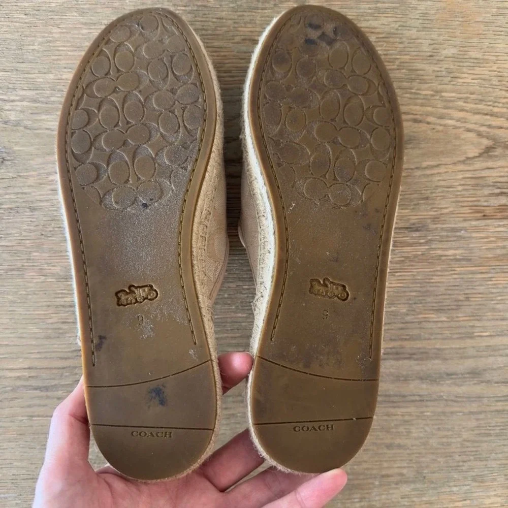 Coach Signature Espadrille Mules Slides Women's 9 Tan Beige Jacquard Tassel Bow